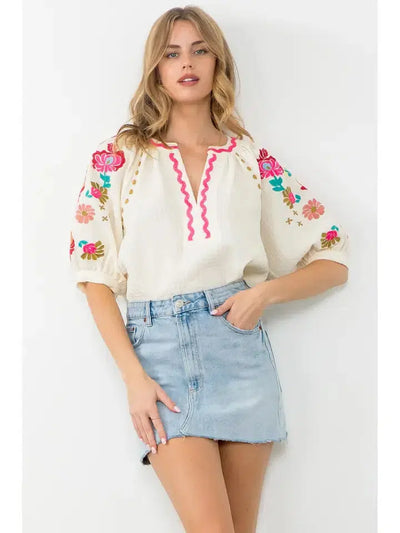 Embroidered Textured Top-clothing, Cream, embroidered, Embroidered Detail, Puff Sleeve, Textured, Top, Tops, Women, women's-XS-[option4]-[option5]-[option6]-Bella Bliss Boutique in Texas