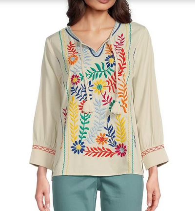 Embroidered Tie Neck Tunic-Clothing, Embroidered, Embroidered Detail, Floral Embroidery, Natural, Tie Neck, top, Tops, Tunic, women, Women's, women's tops-XS-[option4]-[option5]-[option6]-Bella Bliss Boutique in Texas
