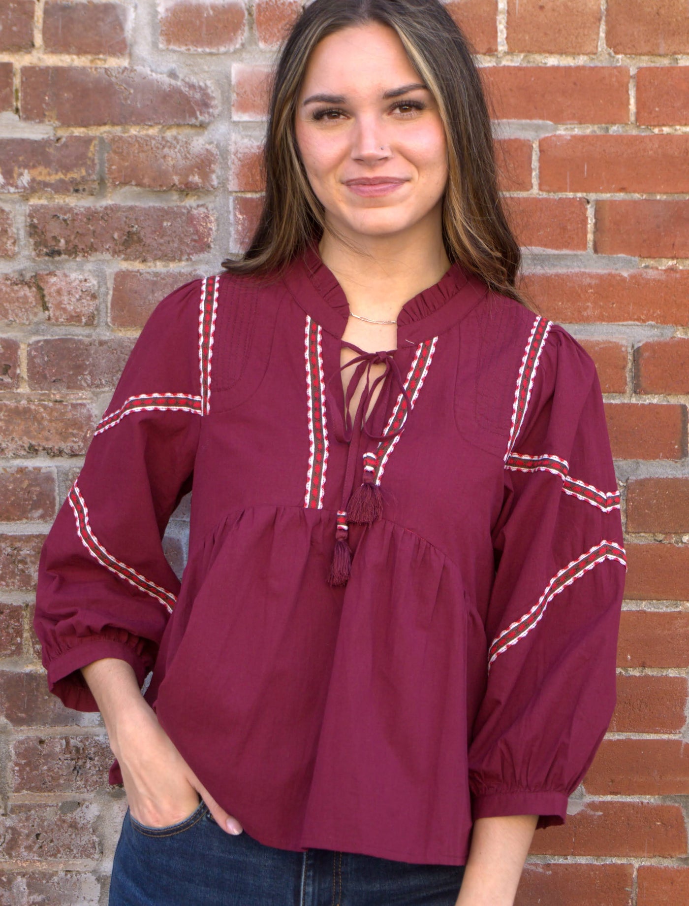 Embroidery Trim Babydoll Top-3/4 Sleeve,3/4 sleeves,Baby Doll,Babydoll,Babydoll Top,Burgundy,clothing,embroidered,Embroidered Detail,Embroidery Detail,Puff Sleeve,Ruffled Neckline,Seem Detail,Top,Tops,Women,women's-[option4]-[option5]-[option6]-Bella Bliss Boutique in Texas