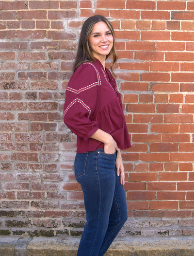 Embroidery Trim Babydoll Top-3/4 Sleeve,3/4 sleeves,Baby Doll,Babydoll,Babydoll Top,Burgundy,clothing,embroidered,Embroidered Detail,Embroidery Detail,Puff Sleeve,Ruffled Neckline,Seem Detail,Top,Tops,Women,women's-[option4]-[option5]-[option6]-Bella Bliss Boutique in Texas