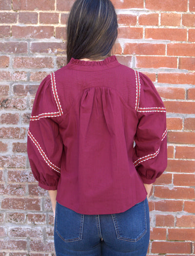 Embroidery Trim Babydoll Top-3/4 Sleeve,3/4 sleeves,Baby Doll,Babydoll,Babydoll Top,Burgundy,clothing,embroidered,Embroidered Detail,Embroidery Detail,Puff Sleeve,Ruffled Neckline,Seem Detail,Top,Tops,Women,women's-[option4]-[option5]-[option6]-Bella Bliss Boutique in Texas