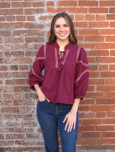 Embroidery Trim Babydoll Top-3/4 Sleeve,3/4 sleeves,Baby Doll,Babydoll,Babydoll Top,Burgundy,clothing,embroidered,Embroidered Detail,Embroidery Detail,Puff Sleeve,Ruffled Neckline,Seem Detail,Top,Tops,Women,women's-[option4]-[option5]-[option6]-Bella Bliss Boutique in Texas