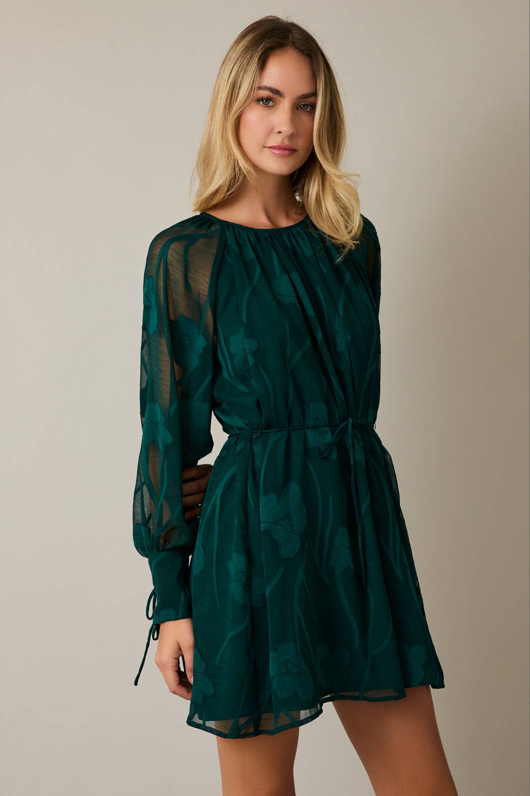 Emerald Puff Sleeve Mini Dress-clothing,Cuff Sleeve,dress,dresses,Long Sleeve,Mini Dress,Party Dress,Puff Sleeve,Tie Waist,Tie Waist Detail,Women,women's-[option4]-[option5]-[option6]-Bella Bliss Boutique in Texas