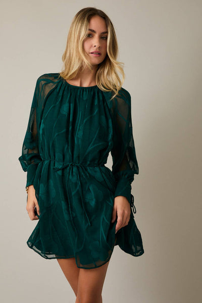 Emerald Puff Sleeve Mini Dress-clothing,Cuff Sleeve,dress,dresses,Long Sleeve,Mini Dress,Party Dress,Puff Sleeve,Tie Waist,Tie Waist Detail,Women,women's-[option4]-[option5]-[option6]-Bella Bliss Boutique in Texas