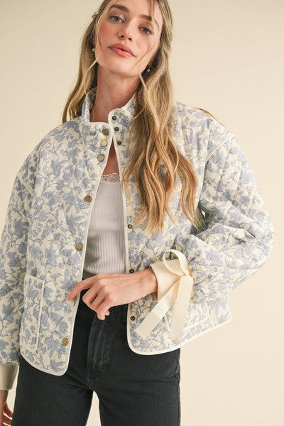 FLORAL QUILTED JACKET-&MERCI,button down,Button Front,clothing,Coats & Jackets,Cropped,Floral Print,jacket,Jackets,Puffer Jacket,Quilted,Ribbed Cuff,Ribbon Detail,Women,women's-S-[option4]-[option5]-[option6]-Bella Bliss Boutique in Texas