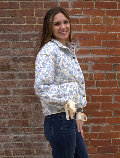 FLORAL QUILTED JACKET-&MERCI,button down,Button Front,clothing,Coats & Jackets,Cropped,Floral Print,jacket,Jackets,Outerwear,Puffer Jacket,Quilted,Ribbed Cuff,Ribbon Detail,Tops,Women,women's-[option4]-[option5]-[option6]-Bella Bliss Boutique in Texas