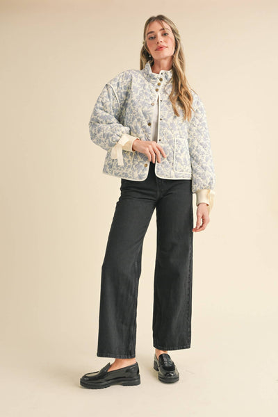 FLORAL QUILTED JACKET-&MERCI,button down,Button Front,clothing,Coats & Jackets,Cropped,Floral Print,jacket,Jackets,Outerwear,Puffer Jacket,Quilted,Ribbed Cuff,Ribbon Detail,Tops,Women,women's-[option4]-[option5]-[option6]-Bella Bliss Boutique in Texas