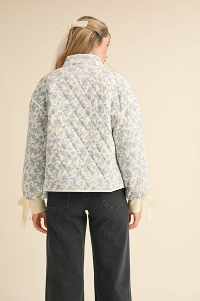 FLORAL QUILTED JACKET-&MERCI,button down,Button Front,clothing,Coats & Jackets,Cropped,Floral Print,jacket,Jackets,Outerwear,Puffer Jacket,Quilted,Ribbed Cuff,Ribbon Detail,Tops,Women,women's-[option4]-[option5]-[option6]-Bella Bliss Boutique in Texas