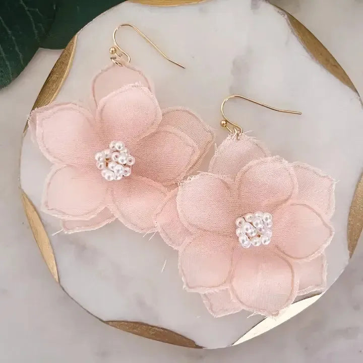 Fabric Flower Dangle Earrings-Dangle Earrings,Earring,Earrings,Fabric Flowers,Flower,Flowers,French Wire Earrings,Jewelry,Pink,White-Pink-[option4]-[option5]-[option6]-Bella Bliss Boutique in Texas