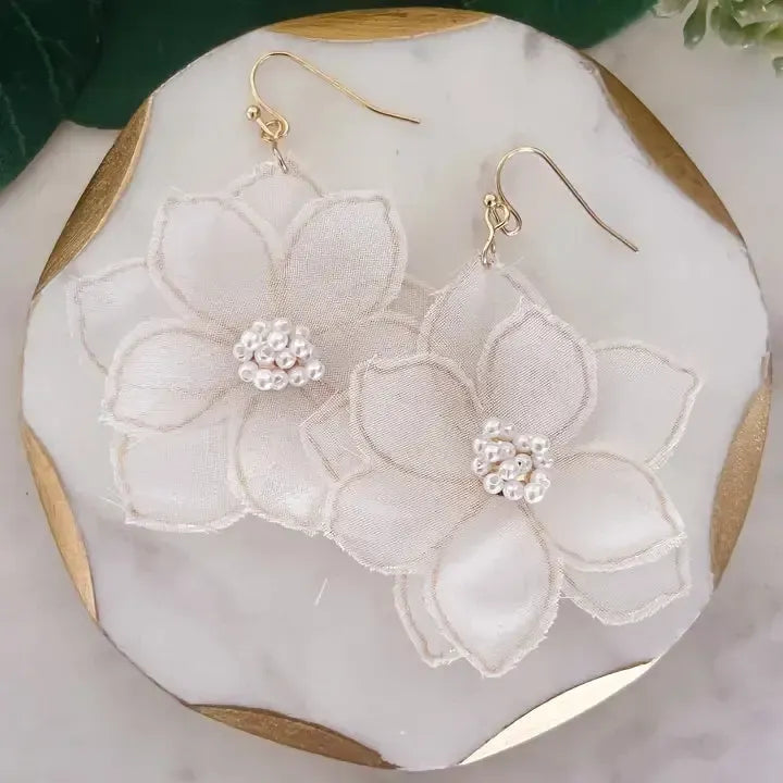 Fabric Flower Dangle Earrings-Dangle Earrings,Earring,Earrings,Fabric Flowers,Flower,Flowers,French Wire Earrings,Jewelry,Pink,White-White-[option4]-[option5]-[option6]-Bella Bliss Boutique in Texas