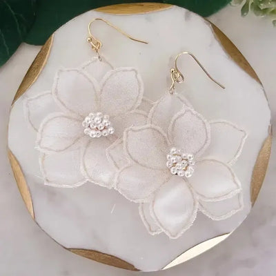 Fabric Flower Dangle Earrings-Dangle Earrings,Earring,Earrings,Fabric Flowers,Flower,Flowers,French Wire Earrings,Jewelry,Pink,White-White-[option4]-[option5]-[option6]-Bella Bliss Boutique in Texas