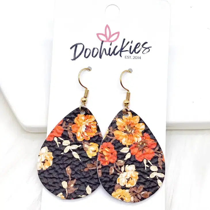 Fall Fling Mini Leather Earrings-Autumn Orange, Dangle Earrings, Dark Mustard, Earring, Earrings, Fall Fling, Fall Floral, French Wire Earrings, Jewelry, Leather-Floral-[option4]-[option5]-[option6]-Bella Bliss Boutique in Texas