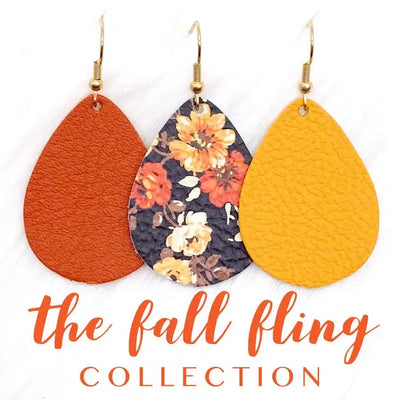 Fall Fling Mini Leather Earrings-Autumn Orange, Dangle Earrings, Earrings, fall, Fall Floral, Jewelry, Mustard, Wire Earrings-[option4]-[option5]-[option6]-Bella Bliss Boutique in Texas