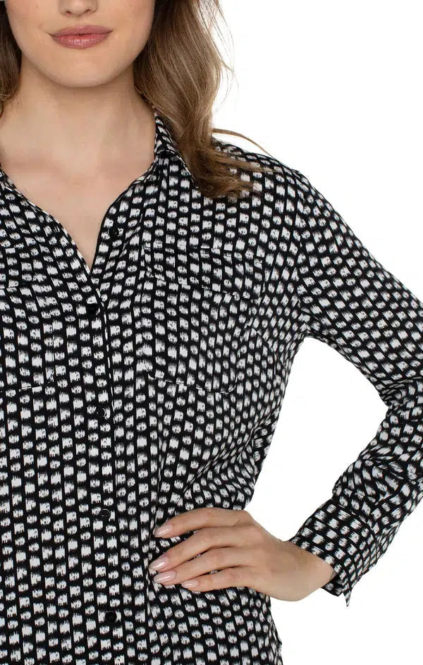 Flap Pocket Woven Sateen Top-Black & White, button down, Button Up, clothing, Flap Pocket, Long Sleeve, Mini Dot, Top, Tops, Women, women's-[option4]-[option5]-[option6]-Bella Bliss Boutique in Texas