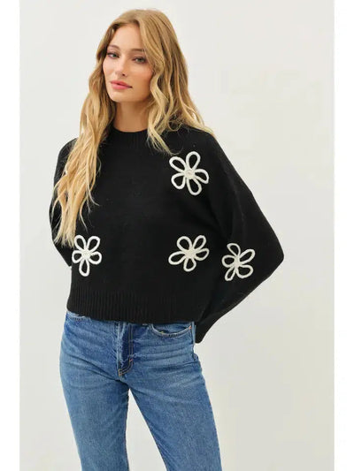 Floral Applique Sweater-Black, clothing, Drop Shoulder, Floral Applique, Mock Neck, Sweater, Sweaters, Top, Tops, Women, women's-[option4]-[option5]-[option6]-Bella Bliss Boutique in Texas