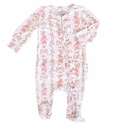 Floral Ballet Zipper Footie-Bamboo Viscose,Bow Printed,Caden Lane,Children & Tween,Children & Tweens,Footed,infant,Infant to 6,infant-6,Rompers,Ruffle Detail,Zip Front-Newborn-[option4]-[option5]-[option6]-Bella Bliss Boutique in Texas