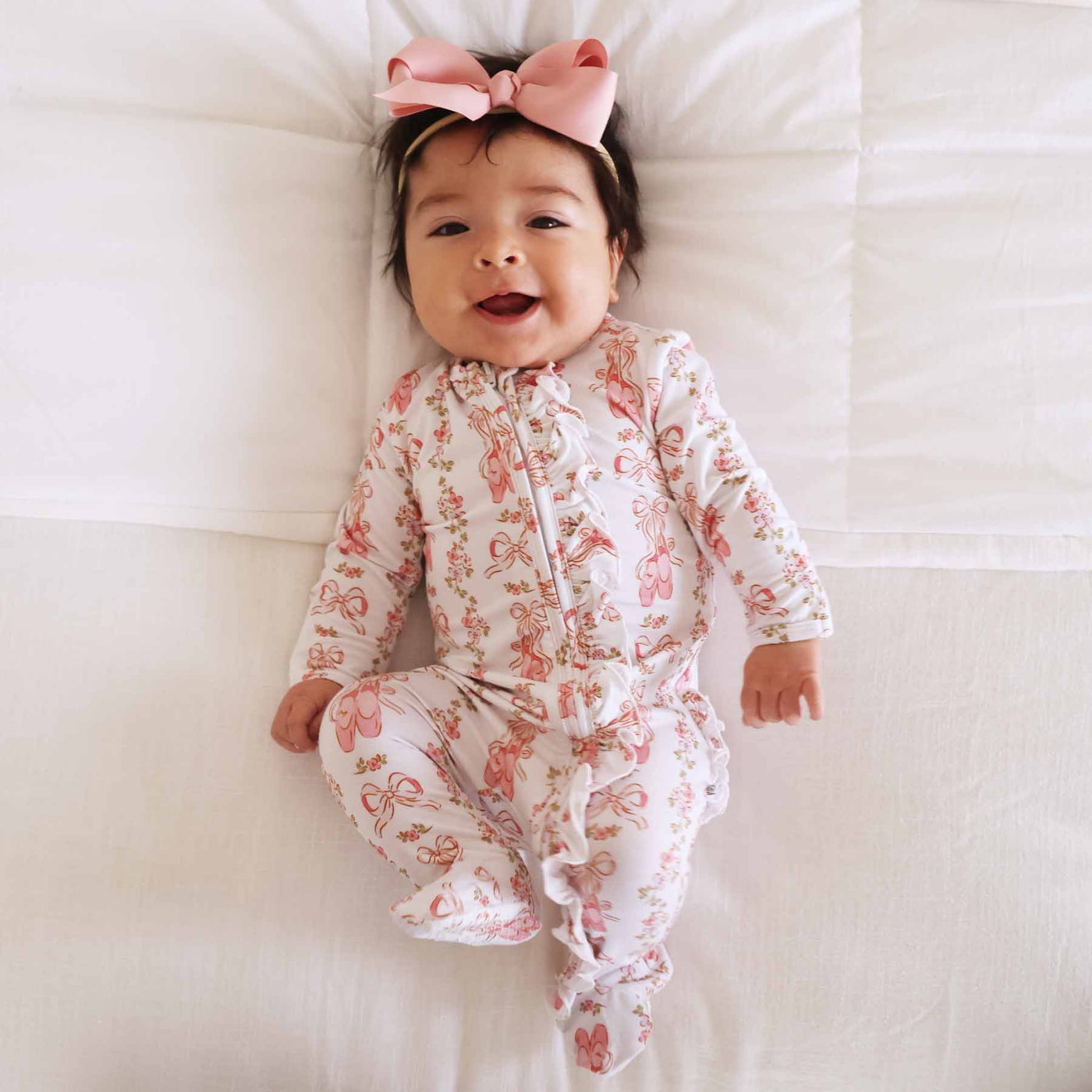 Floral Ballet Zipper Footie-Bamboo Viscose,Bow Printed,Caden Lane,Children & Tween,Children & Tweens,Footed,infant,Infant to 6,infant-6,Rompers,Ruffle Detail,Zip Front-[option4]-[option5]-[option6]-Bella Bliss Boutique in Texas