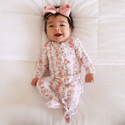 Floral Ballet Zipper Footie-Bamboo Viscose,Bow Printed,Caden Lane,Children & Tween,Children & Tweens,Footed,infant,Infant to 6,infant-6,Rompers,Ruffle Detail,Zip Front-[option4]-[option5]-[option6]-Bella Bliss Boutique in Texas