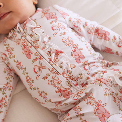 Floral Ballet Zipper Footie-Bamboo Viscose,Bow Printed,Caden Lane,Children & Tween,Children & Tweens,Footed,infant,Infant to 6,infant-6,Rompers,Ruffle Detail,Zip Front-[option4]-[option5]-[option6]-Bella Bliss Boutique in Texas
