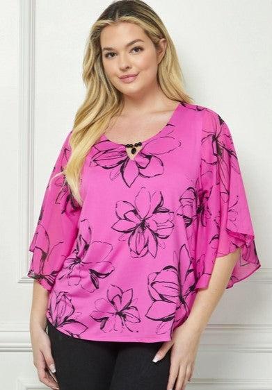 Floral Bat Wing Sleeve Top-Bat Wing Sleeve,Black,clothing,Curvy,Floral,Floral Print,Fuchsia,Sale,Top,Tops-1XL-[option4]-[option5]-[option6]-Bella Bliss Boutique in Texas