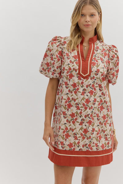 Floral Bubble Sleeve Mini Dress-Autumn Orange,dresses,Entro,Floral,Mini Dress,orange,pockets,Puff Sleeve,Rust,V-Neck,White,women's-S-[option4]-[option5]-[option6]-Bella Bliss Boutique in Texas