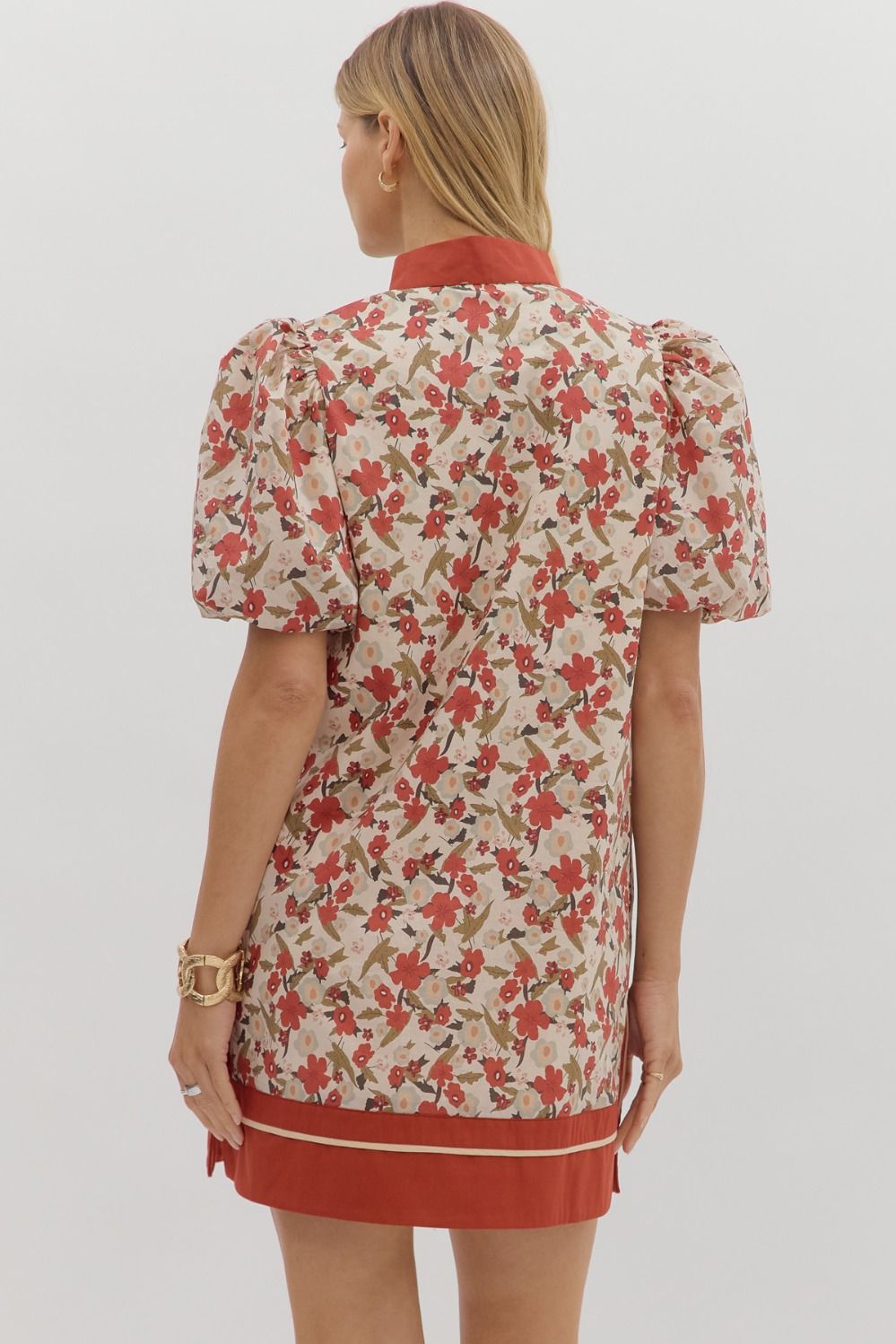 Floral Bubble Sleeve Mini Dress-Autumn Orange,dresses,Entro,Floral,Mini Dress,orange,pockets,Puff Sleeve,Rust,V-Neck,White,women's-[option4]-[option5]-[option6]-Bella Bliss Boutique in Texas