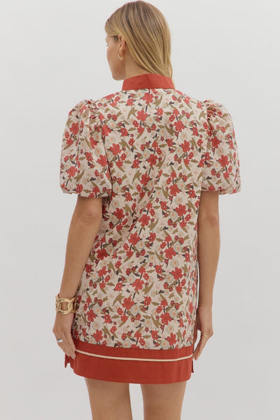 Floral Bubble Sleeve Mini Dress-Autumn Orange,dresses,Entro,Floral,Mini Dress,orange,pockets,Puff Sleeve,Rust,V-Neck,White,women's-[option4]-[option5]-[option6]-Bella Bliss Boutique in Texas