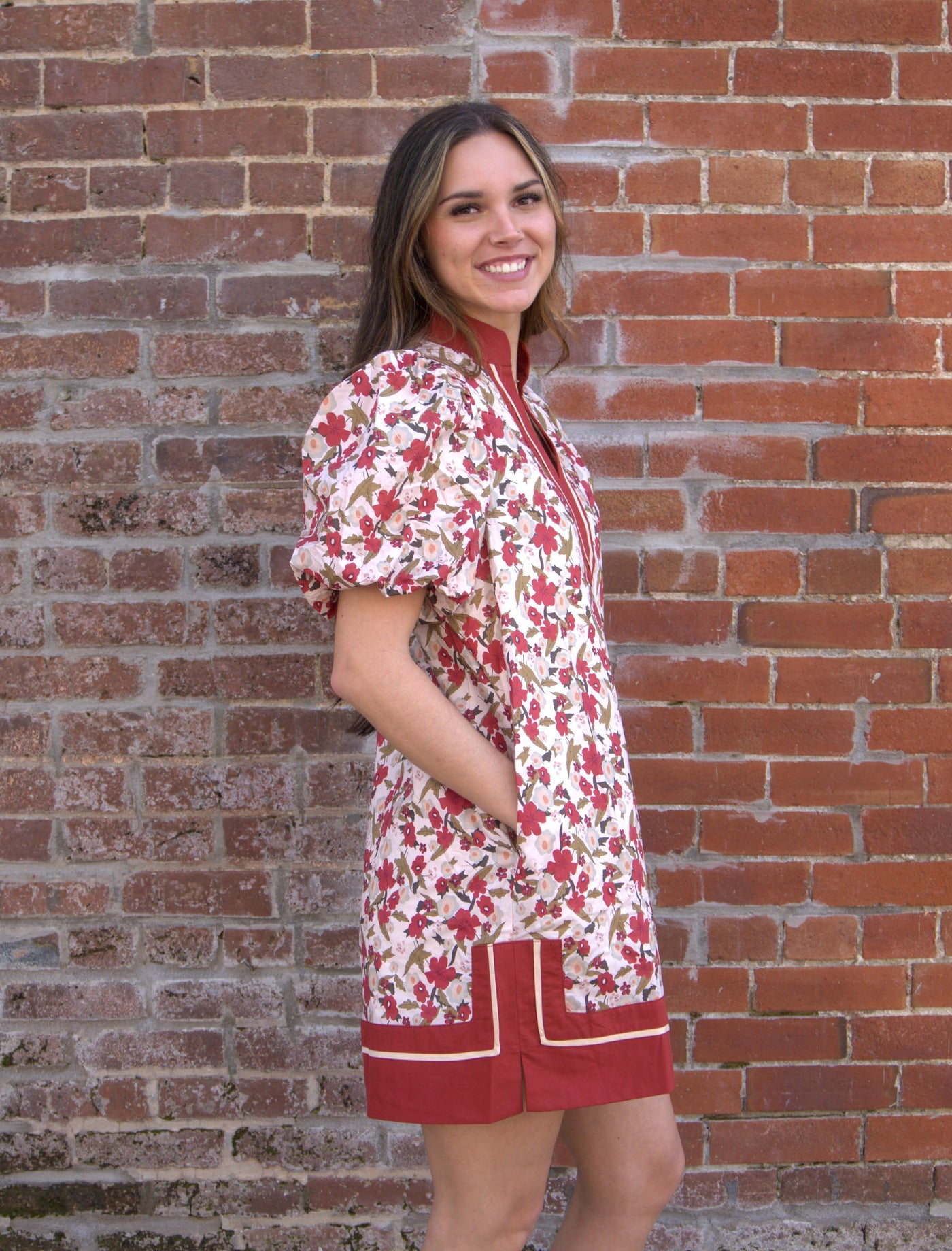 Floral Bubble Sleeve Mini Dress-Autumn Orange,dresses,Entro,Floral,Mini Dress,orange,pockets,Puff Sleeve,Rust,V-Neck,White,women's-[option4]-[option5]-[option6]-Bella Bliss Boutique in Texas