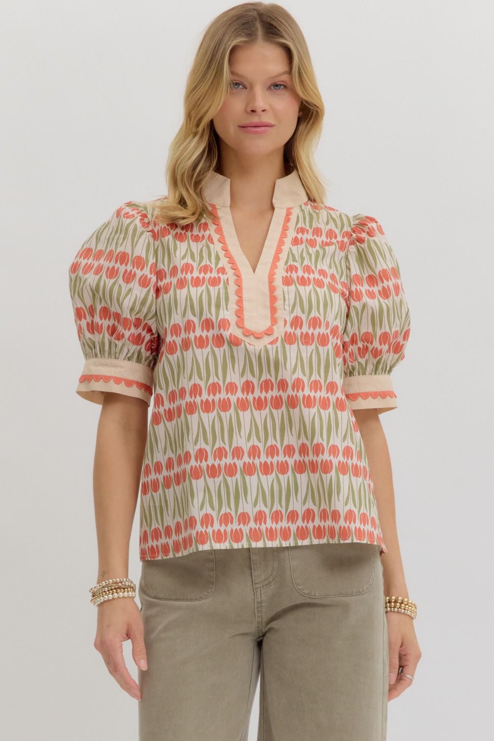 Floral Caftan Top-blouse,blouses,clothing,Curvy,Floral,Floral Print,plus size,Puff Sleeve,Ruffle Detail,Split Neck,Split Neckline,Split V-Neck,Top,Tops,Women,women's-S-[option4]-[option5]-[option6]-Bella Bliss Boutique in Texas