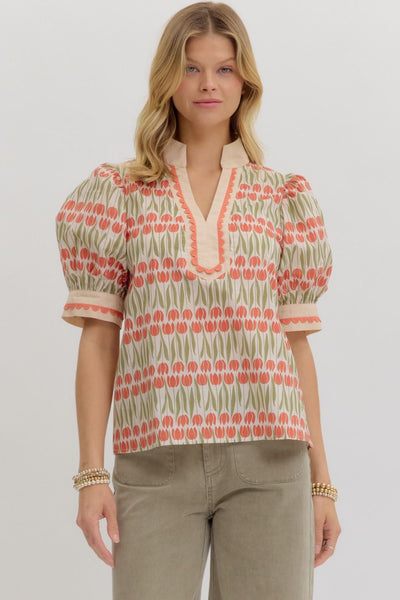 Floral Caftan Top-blouse,blouses,clothing,Curvy,Floral,Floral Print,plus size,Puff Sleeve,Ruffle Detail,Split Neck,Split Neckline,Split V-Neck,Top,Tops,Women,women's-S-[option4]-[option5]-[option6]-Bella Bliss Boutique in Texas