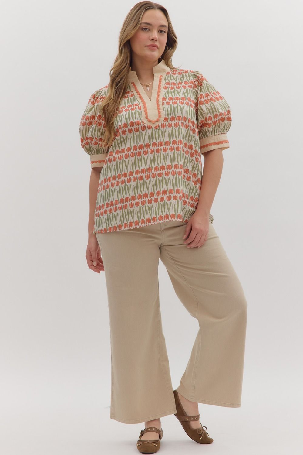 Floral Caftan Top-blouse,blouses,clothing,Curvy,Floral,Floral Print,plus size,Puff Sleeve,Ruffle Detail,Split Neck,Split Neckline,Split V-Neck,Top,Tops,Women,women's-XL-[option4]-[option5]-[option6]-Bella Bliss Boutique in Texas