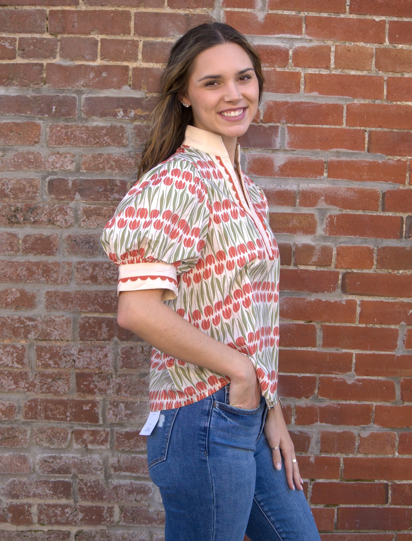 Floral Caftan Top-blouse,blouses,clothing,Curvy,Floral,Floral Print,plus size,Puff Sleeve,Ruffle Detail,Split Neck,Split Neckline,Split V-Neck,Top,Tops,Women,women's-[option4]-[option5]-[option6]-Bella Bliss Boutique in Texas