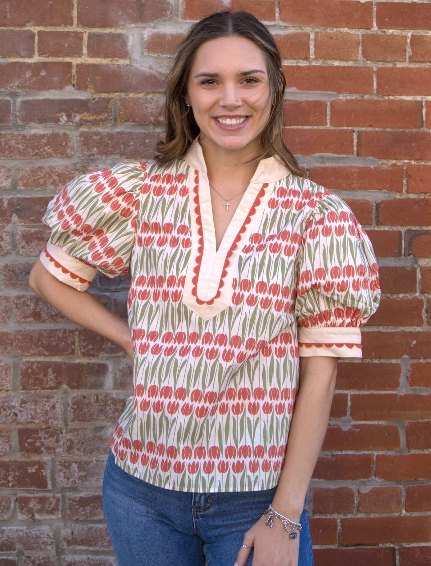 Floral Caftan Top-blouse,blouses,clothing,Curvy,Floral,Floral Print,plus size,Puff Sleeve,Ruffle Detail,Split Neck,Split Neckline,Split V-Neck,Top,Tops,Women,women's-[option4]-[option5]-[option6]-Bella Bliss Boutique in Texas