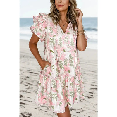 Floral Contrast Layered Mini Dress-clothing,dress,dresses,Edge Layered,Floral,Floral Contrast,Floral Print,Layered Dress,Mini Dress,Tie Neck,Women,women's-S-[option4]-[option5]-[option6]-Bella Bliss Boutique in Texas