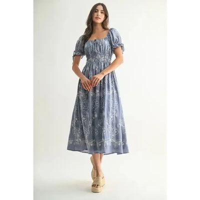 Floral Embroidered Midi Dress-A-Line,Bow Detail,Cinched Waist,clothing,Denim Blue,dresses,embroidered,Embroidered Detail,Floral,Floral Embroidery,Floral Print,Midi Dress,Puff Sleeve,Tie Neck,women's-S-[option4]-[option5]-[option6]-Bella Bliss Boutique in Texas