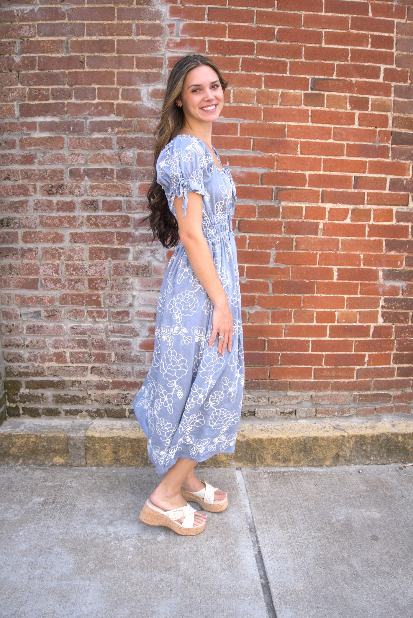 Floral Embroidered Midi Dress-A-Line,Bow Detail,Cinched Waist,clothing,Denim Blue,dresses,embroidered,Embroidered Detail,Floral,Floral Embroidery,Floral Print,Midi Dress,Puff Sleeve,Tie Neck,women's-[option4]-[option5]-[option6]-Bella Bliss Boutique in Texas