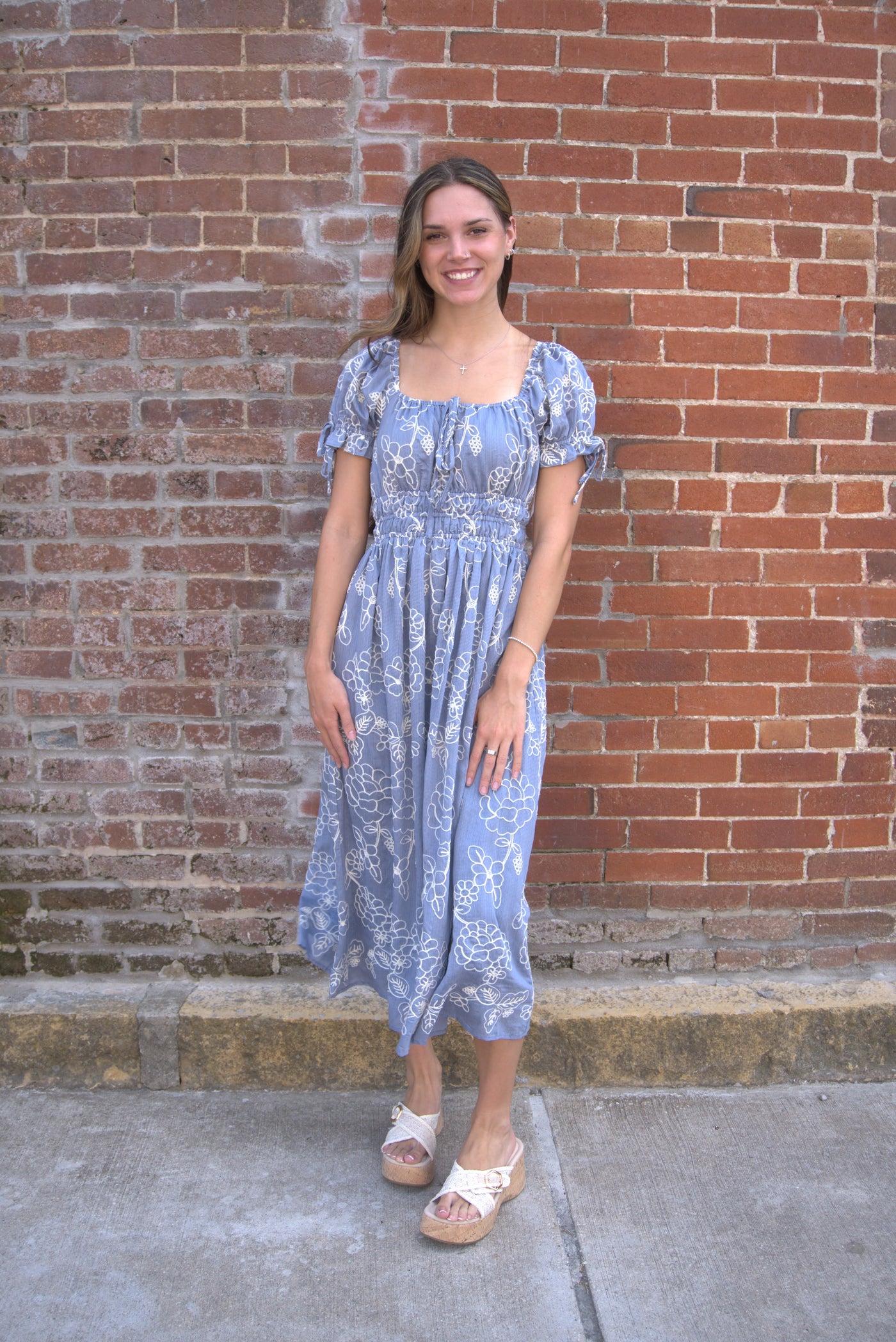 Floral Embroidered Midi Dress-A-Line,Bow Detail,Cinched Waist,clothing,Denim Blue,dresses,embroidered,Embroidered Detail,Floral,Floral Embroidery,Floral Print,Midi Dress,Puff Sleeve,Tie Neck,women's-[option4]-[option5]-[option6]-Bella Bliss Boutique in Texas