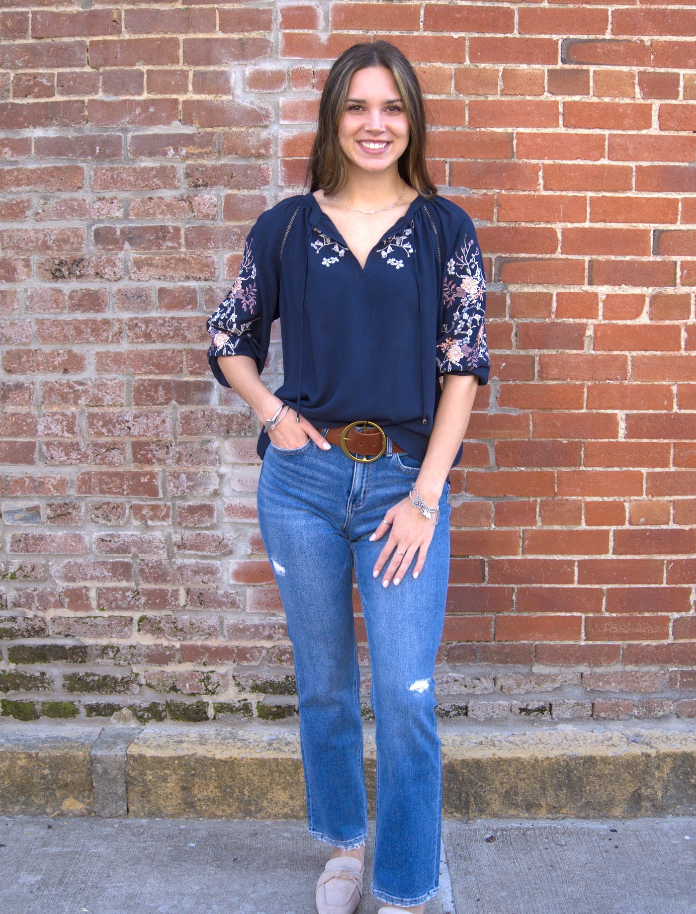 Floral Embroidered Split Neck Blouse-3/4 Sleeve,3/4 sleeves,blouses,clothing,Floral,Floral Embroidery,Split Neck,Split V-Neck,Women,women's-[option4]-[option5]-[option6]-Bella Bliss Boutique in Texas