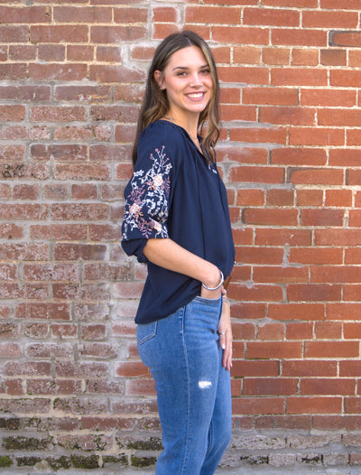 Floral Embroidered Split Neck Blouse-3/4 Sleeve,3/4 sleeves,blouses,clothing,Floral,Floral Embroidery,Split Neck,Split V-Neck,Women,women's-[option4]-[option5]-[option6]-Bella Bliss Boutique in Texas