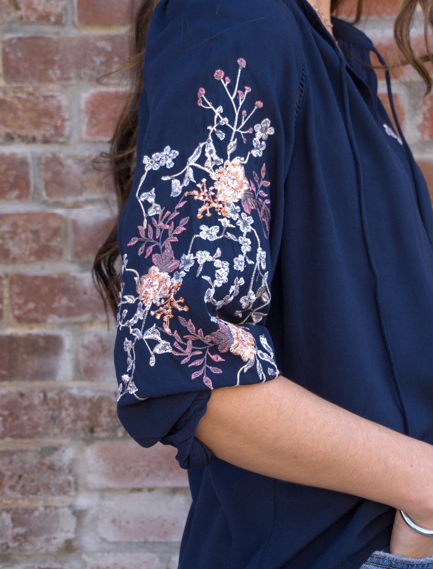 Floral Embroidered Split Neck Blouse-3/4 Sleeve,3/4 sleeves,blouses,clothing,Floral,Floral Embroidery,Split Neck,Split V-Neck,Women,women's-[option4]-[option5]-[option6]-Bella Bliss Boutique in Texas