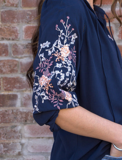 Floral Embroidered Split Neck Blouse-3/4 Sleeve,3/4 sleeves,blouses,clothing,Floral,Floral Embroidery,Split Neck,Split V-Neck,Women,women's-[option4]-[option5]-[option6]-Bella Bliss Boutique in Texas