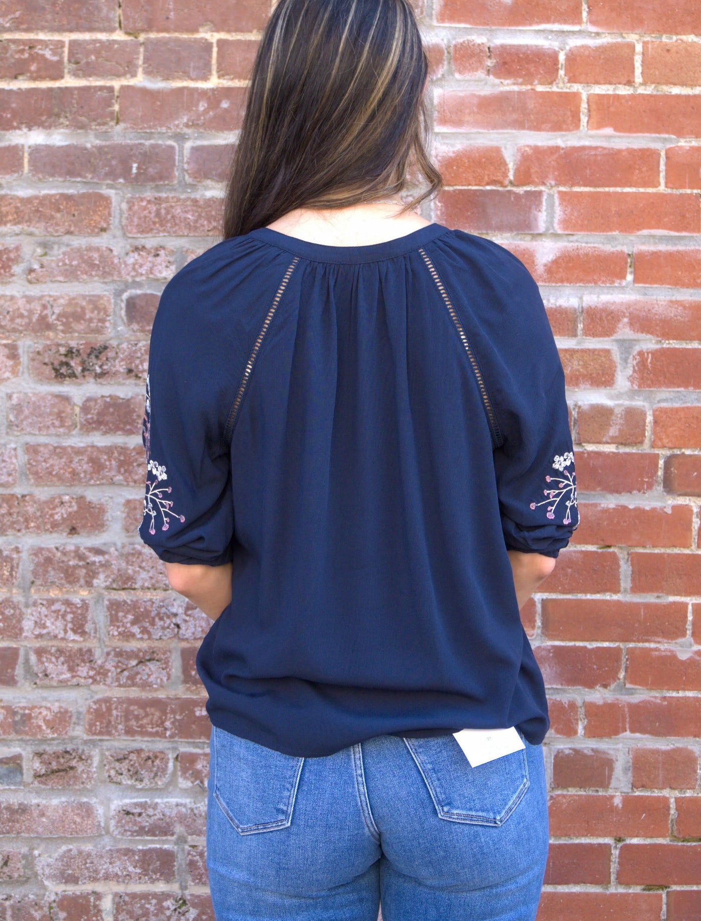 Floral Embroidered Split Neck Blouse-3/4 Sleeve,3/4 sleeves,blouses,clothing,Floral,Floral Embroidery,Split Neck,Split V-Neck,Women,women's-[option4]-[option5]-[option6]-Bella Bliss Boutique in Texas
