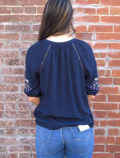 Floral Embroidered Split Neck Blouse-3/4 Sleeve,3/4 sleeves,blouses,clothing,Floral,Floral Embroidery,Split Neck,Split V-Neck,Women,women's-[option4]-[option5]-[option6]-Bella Bliss Boutique in Texas
