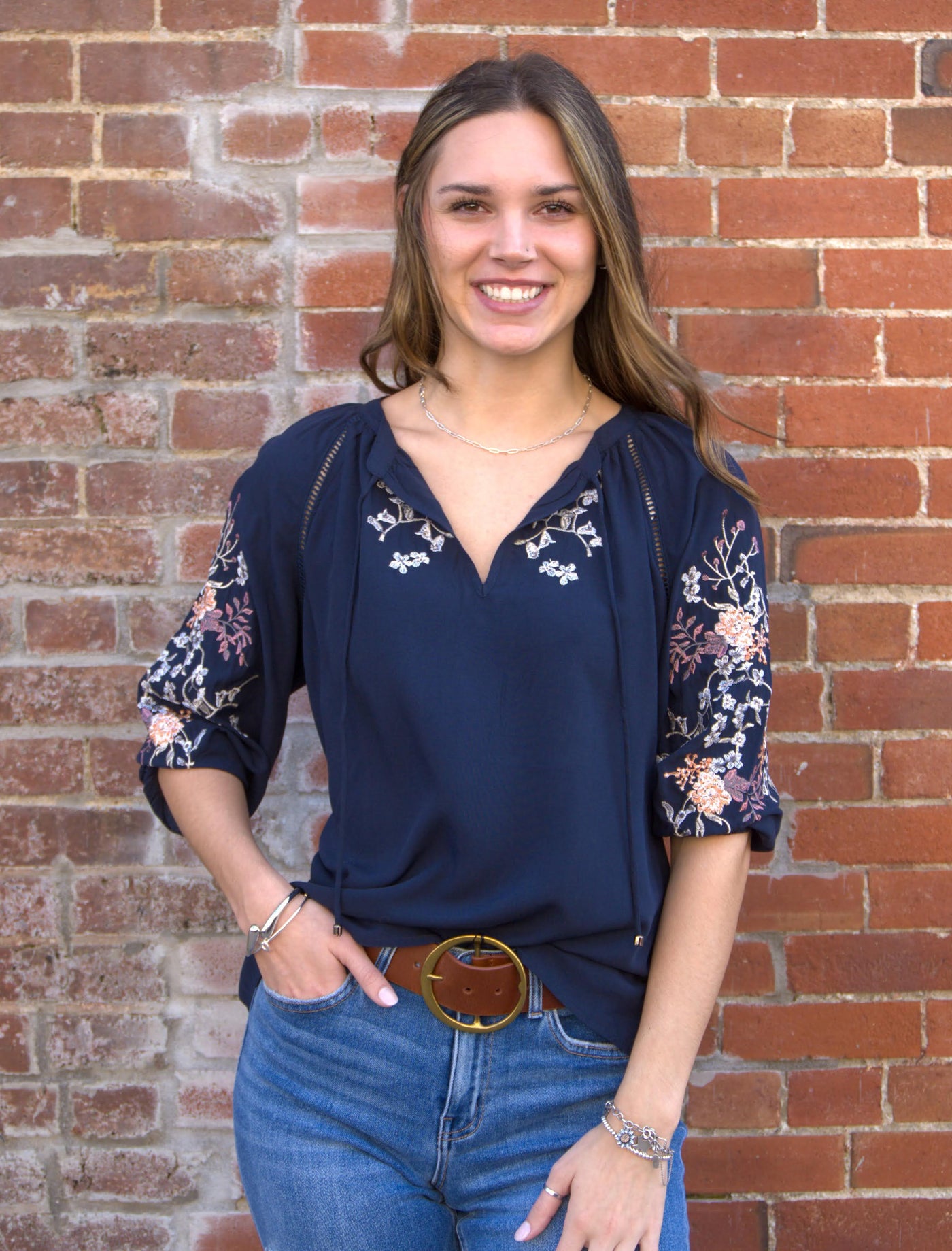 Floral Embroidered Split Neck Blouse-3/4 Sleeve,3/4 sleeves,blouses,clothing,Floral,Floral Embroidery,Sale,Split Neck,Split V-Neck,Top,Tops,Women,women's-[option4]-[option5]-[option6]-Bella Bliss Boutique in Texas