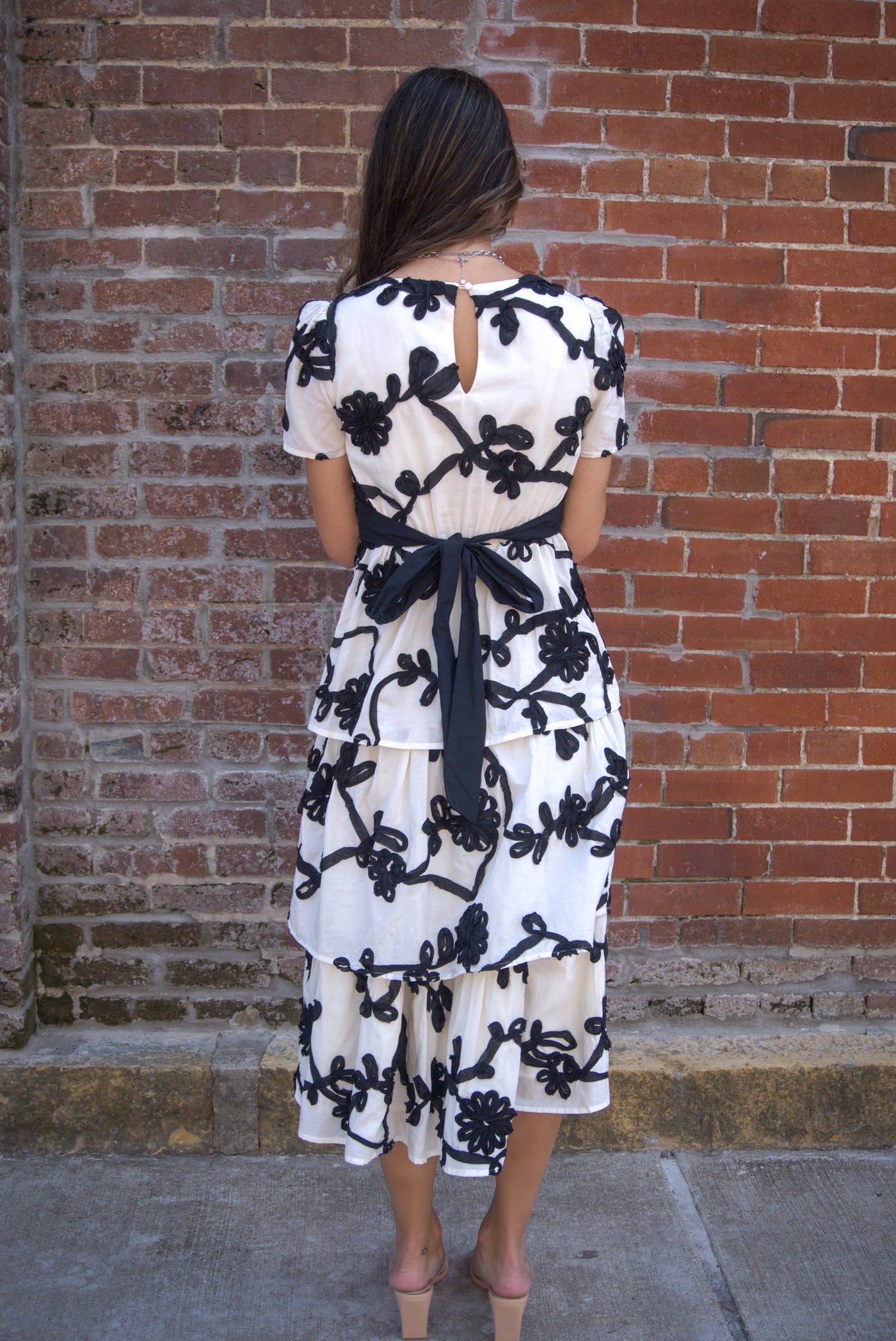 Floral Embroidered Tiered Dress-Black/Ivory,clothing,dresses,embroidered,Embroidered Detail,Floral,Floral Embroidery,Floral Print,Midi Dress,Tiered,Tiered Dress,women's-[option4]-[option5]-[option6]-Bella Bliss Boutique in Texas