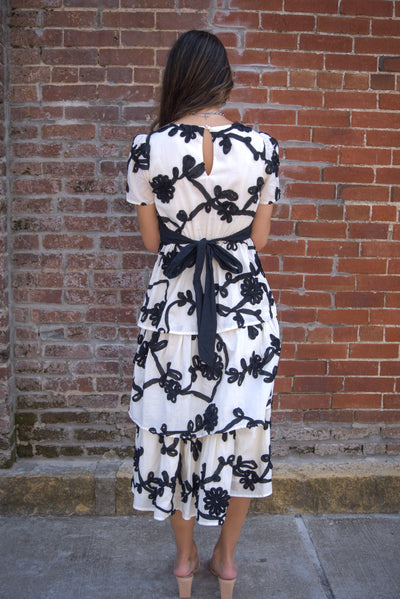 Floral Embroidered Tiered Dress-Black/Ivory,clothing,dresses,embroidered,Embroidered Detail,Floral,Floral Embroidery,Floral Print,Midi Dress,Tiered,Tiered Dress,women's-[option4]-[option5]-[option6]-Bella Bliss Boutique in Texas