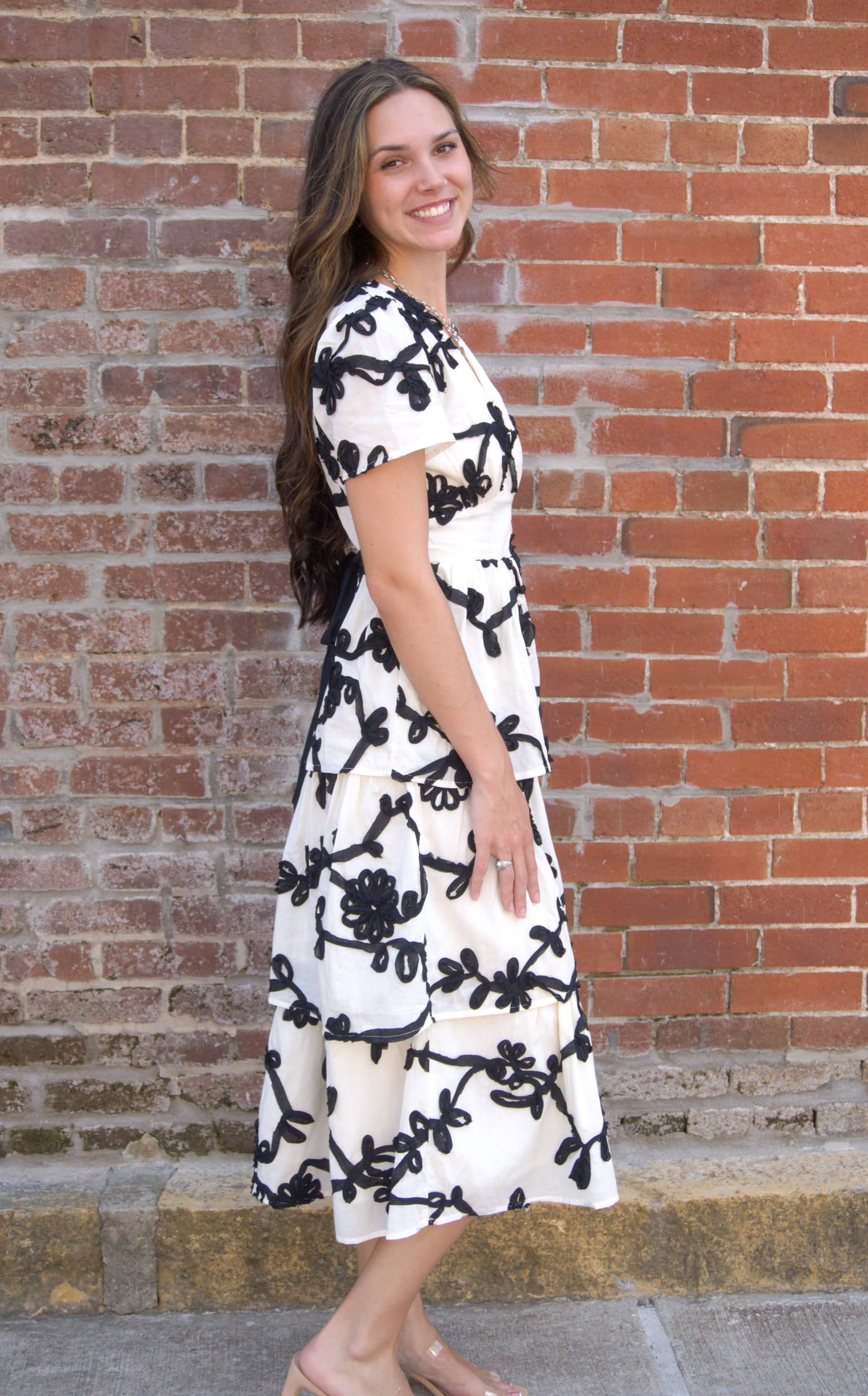Floral Embroidered Tiered Dress-Black/Ivory,clothing,dresses,embroidered,Embroidered Detail,Floral,Floral Embroidery,Floral Print,Midi Dress,Tiered,Tiered Dress,women's-[option4]-[option5]-[option6]-Bella Bliss Boutique in Texas