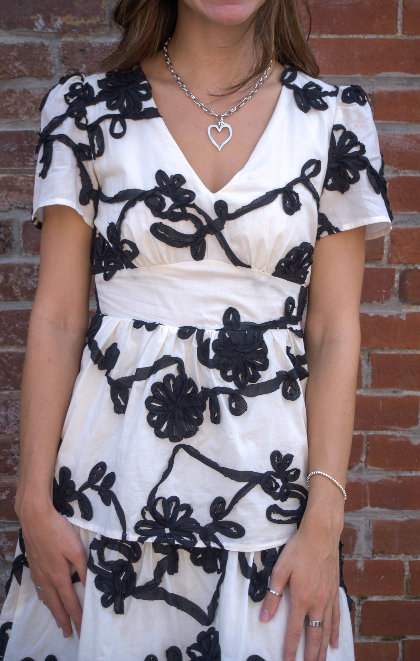 Floral Embroidered Tiered Dress-Black/Ivory,clothing,dresses,embroidered,Embroidered Detail,Floral,Floral Embroidery,Floral Print,Midi Dress,Tiered,Tiered Dress,women's-[option4]-[option5]-[option6]-Bella Bliss Boutique in Texas