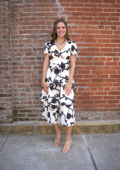 Floral Embroidered Tiered Dress-Black/Ivory,clothing,dresses,embroidered,Embroidered Detail,Floral,Floral Embroidery,Floral Print,Midi Dress,Tiered,Tiered Dress,women's-[option4]-[option5]-[option6]-Bella Bliss Boutique in Texas