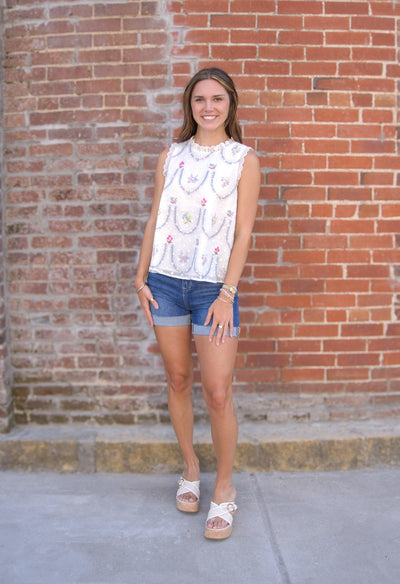 Floral Embroidery Babydoll Top-Baby Doll,Babydoll,Blue Multi,clothing,Floral,Floral Embroidery,Floral Print,Keyhole,Round Neck,Scallop,Scallop Edge,Scallop Hem,Scallop Trim,Scalloped,Scalloped Detail,Scalloped Edge,Sleeveless,Tops,women's-S-[option4]-[option5]-[option6]-Bella Bliss Boutique in Texas